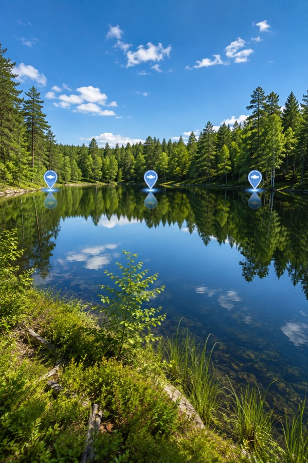 Un lac de montagne avec les épingles des spots FishKoa